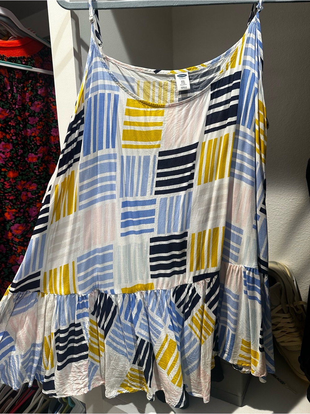 Old Navy Blue, Yellow, Navy & Pink Geometric Print Spaghetti Strap Top